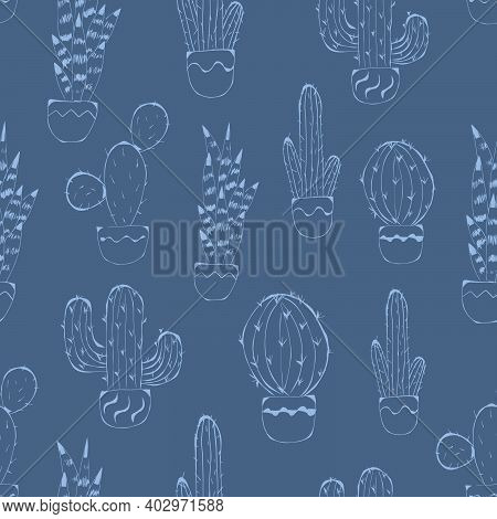 Cactus Seamless Pattern. Hand Drawn Cactus Lineart. Home Plants Succulents Blue Pattern. Doodle With
