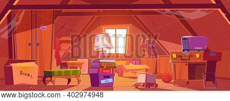 Attic Room With Old Things, Garret On Roof With Window And Furniture. Discreet Place With Carton Box