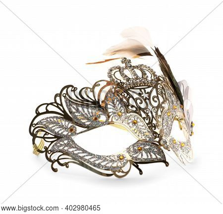 Beautiful Carnival Mask With Feathers Isolated On White