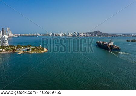 Cargo Ship Enters The Port In Cartagena Colombia Aerial View