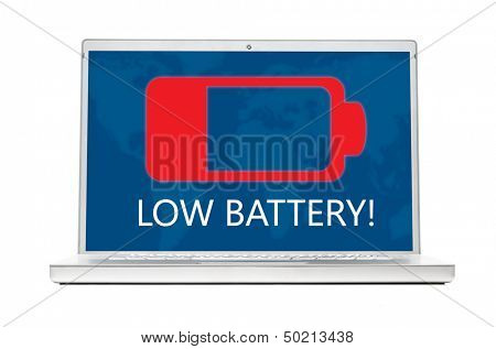 battery is getting low on modern laptop isolated on white background