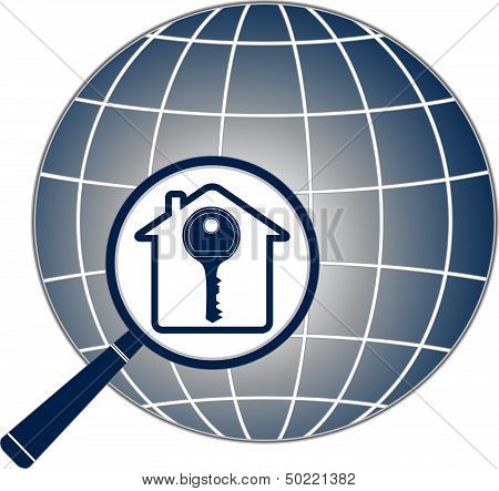 magnifier with key, house and planet silhouette