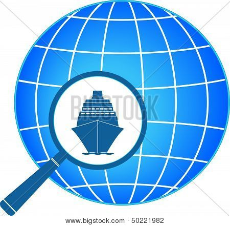 icon with ship and magnifier with planet