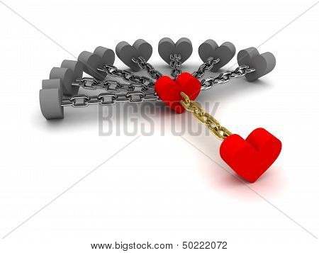 Seven gray hearts holding one red heart. Dependence on bad relations.