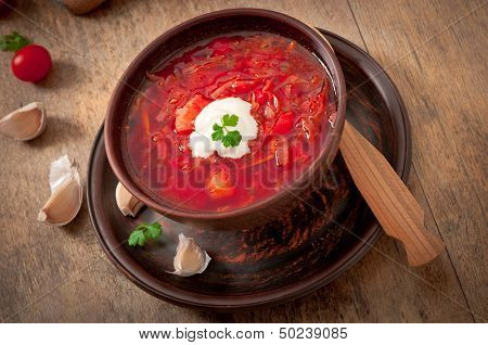 Ukrainian and russian national red soup borsch closeup