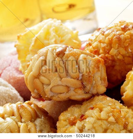 a pile of panellets, typical pastries of Catalonia, Spain, eaten in All Saints Day