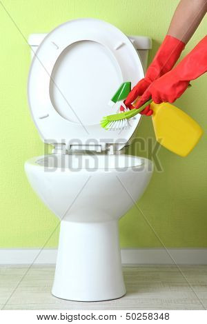 Woman hand with spray bottle cleaning a toilet bowl in a bathroom