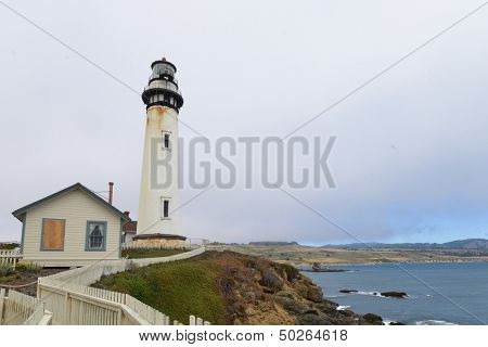 The Pigeon Point Lighthouse in a foggy day located on Pigeon Point Light Station State Historic Park, California