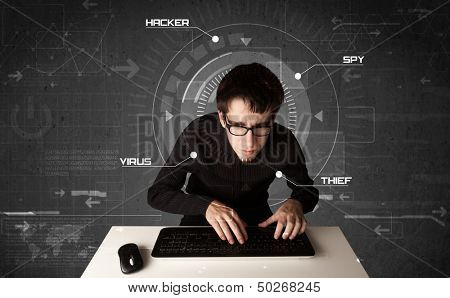 Young hacker in futuristic enviroment hacking personal information on tech background