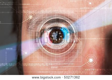 Modern cyber man with technolgy eye looking