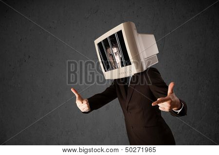 Business man with monitor screen on his head traped into a digital system concept