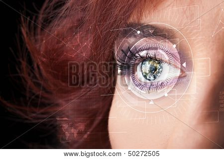 Modern cyber girl with technolgy eye looking