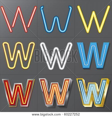 Set Of Neon Style Alphabet W, Eps 10 Vector, Editable For Any Background, No Clipping Masks