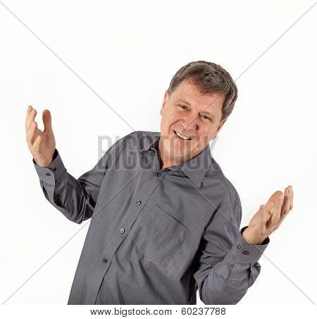 Happy Friendly Man Greets With Hands