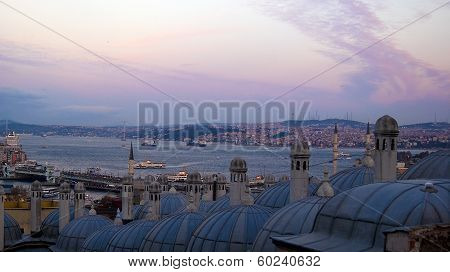 View from Suleymaniye over the city of Istanbul at the sunset