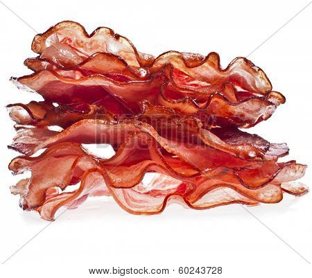 Stack of Bacon Fried Crisp Slices  isolated On White Background 