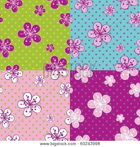 Polka Dot Cherry Flowers Background.spring Seamless Pattern