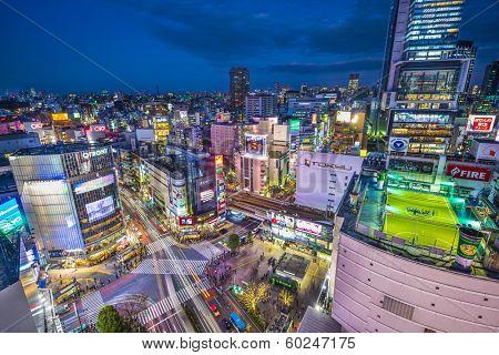 TOKYO, JAPAN - JANUARY 10, 2013: Aerial view of Shibuya's famed crossing. The area is a renown youth and fashion district.