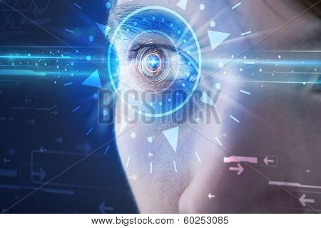 Modern cyber man with technolgy eye looking into blue iris
