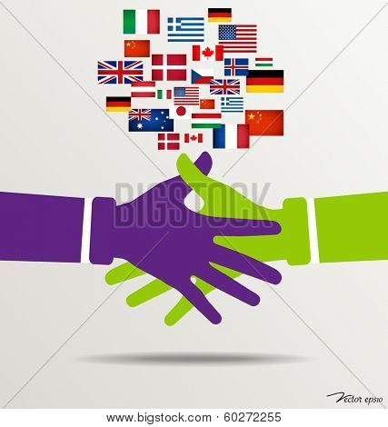 Handshake, Teamwork Hands Logo with flags background. Vector illustration.
