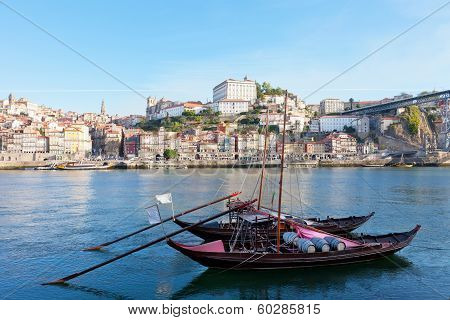 old Porto and traditional boats with wine barrels Portugal