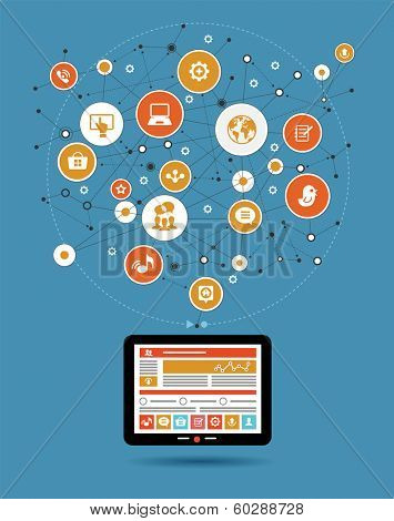 Tablet and abstract global computer network. Internet concept. Network background with nodes, social media and communication icons.  