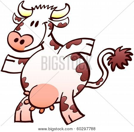 Cute plump cow going for a walk