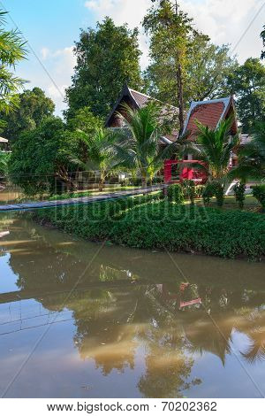 Tropical Park With Wooden Long Rope Bridge
