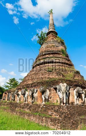 Elephants Statues On Ruins Of Buddhist Temple.