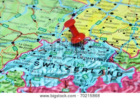 Zurich pinned on a map of europe
