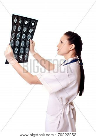 Woman Doctor With X-rays Of Brain