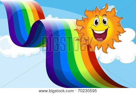 Illustration of a cheerful sun near the rainbow