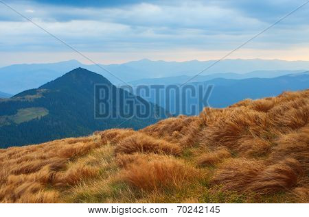 Autumn landscape in the mountains. Wind rustles the dry grass