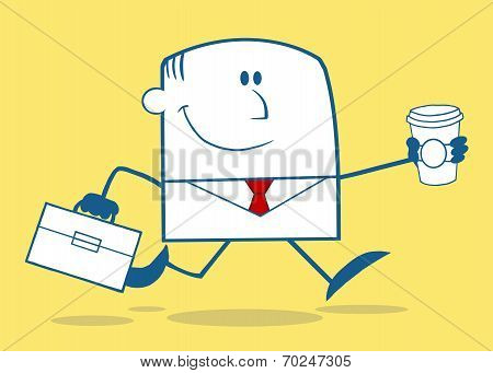 Lucky Businessman Running To Work With Briefcase And Coffee Monochrome Character On Yellow B