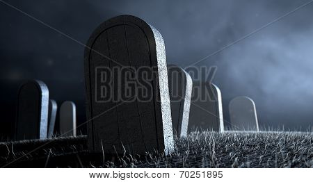 Graveyard Tombstones At Night