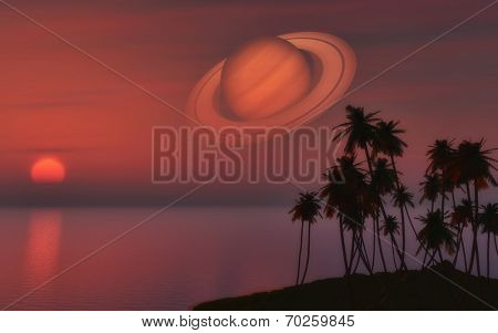 3D render of a palm tree island against a sunset sky with the planet Saturn