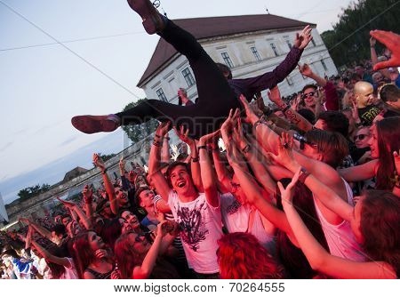 BONTIDA - JUNE 19: The London based Dub Pistols band performs live at Electric Castle Festival at June 19, 2014 in the Banffy castle in Bontida, Romania.
