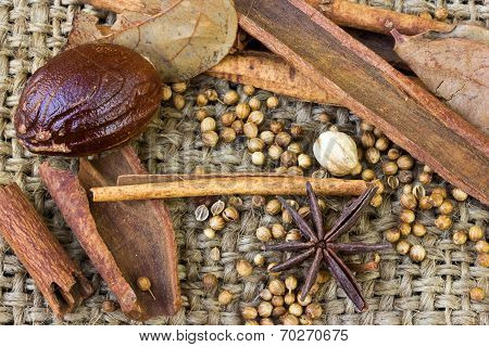 Mix Of Spice Cinnamon And Star Anise On Sack Background