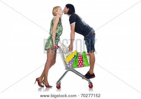 Happy family pair of wife and husband after shopping