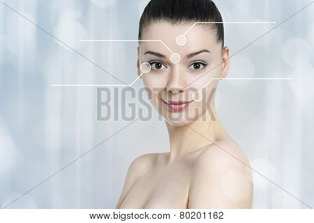 Beautiful Brunette Woman Pointed Wrinkles Spots.