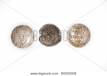 Antique French Silver Coins On White Background