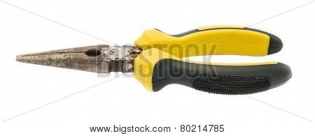 Old Rust Pliers With Black And Yellow Handle On White Background