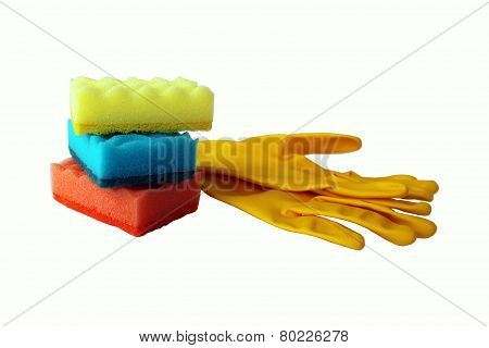 Cleaning sponge and protective rubber gloves