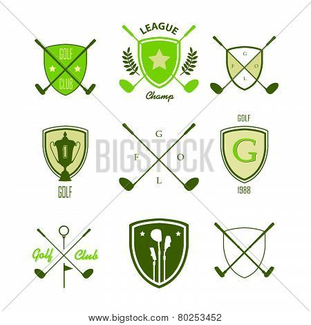 Golf. Vector Set Golfing Champion Labels And Icons. Symbols Golf Putter And Myach With Elements Of H