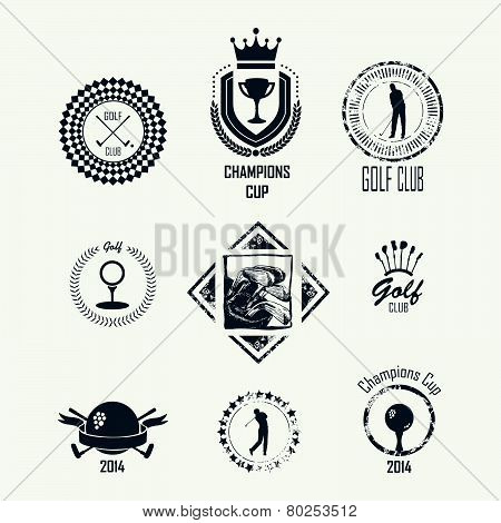 Golf. Vector Set Golfing Champion Labels And Icons. Symbols Golf Putter And Myach With Elements Of H