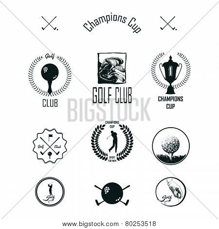 Golf. Vector Set Golfing Champion Labels And Icons. Symbols Golf Putter And Myach With Elements