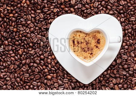 White Coffee Cup Heart Shaped With Cappucino
