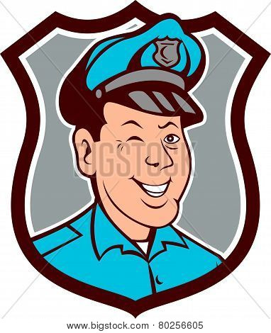 Policeman Winking Smiling Shield Cartoon
