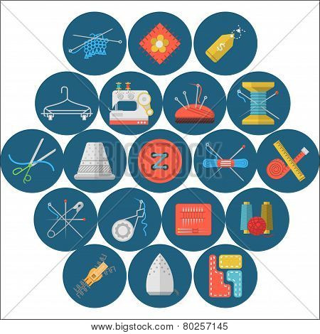 Flat icons vector collection of sewing items
