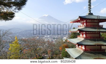 Image Of The Sacred Mountain Of Fuji In The Background Of Blue Sky